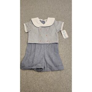 Vtg Bryan Romper Boys 24 Months Blue White Nautical Sailor Shortall Outfit